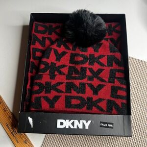 DKNY Red Black Logo Beanie and Scarf Set with Faux Fur Pom Pom New in Box